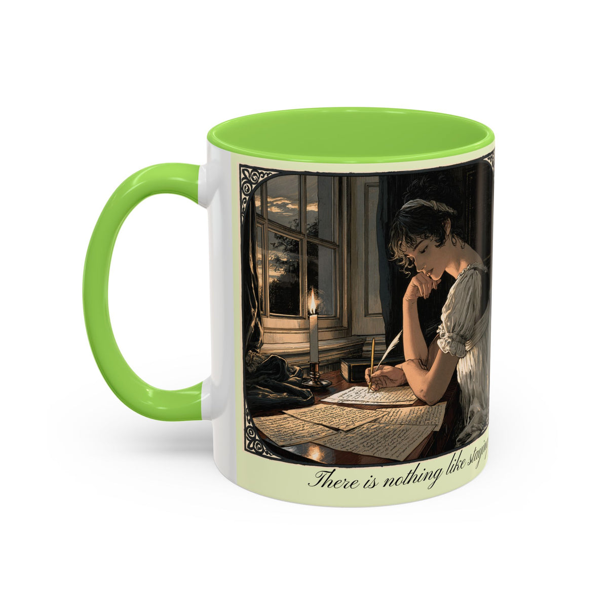 Regency Tea Quote Mug — 'Young Jane Austen Writing at Her Desk' Ceramic Coffee & Tea Cup (11oz/15oz)