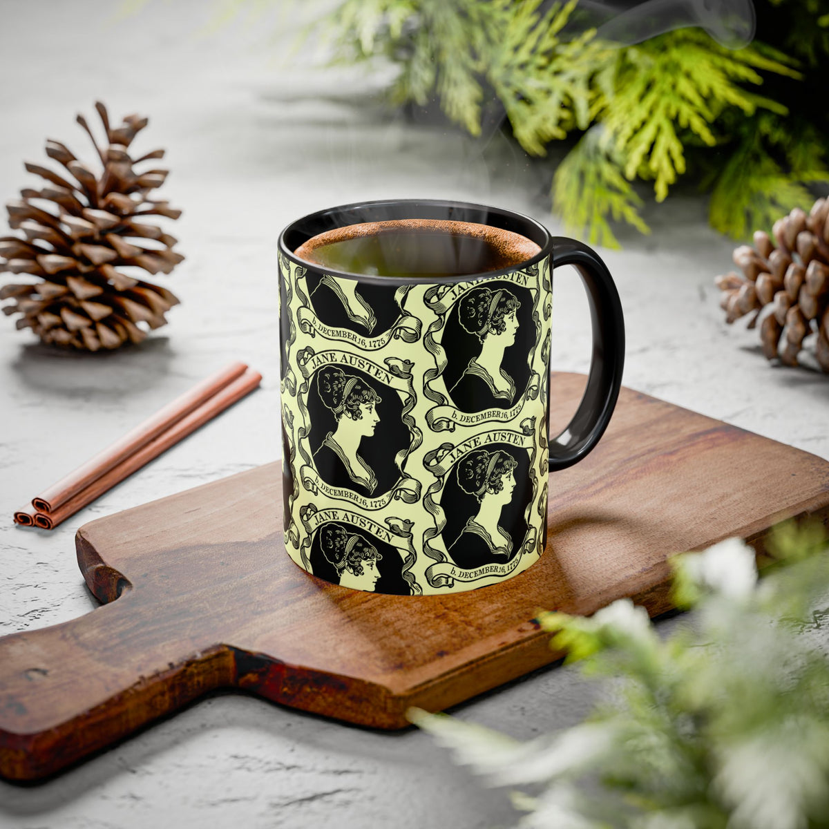 Jane Austen Cameo Pattern Coffee Mug — Literary Tea & Coffee Cup (11oz/15oz)