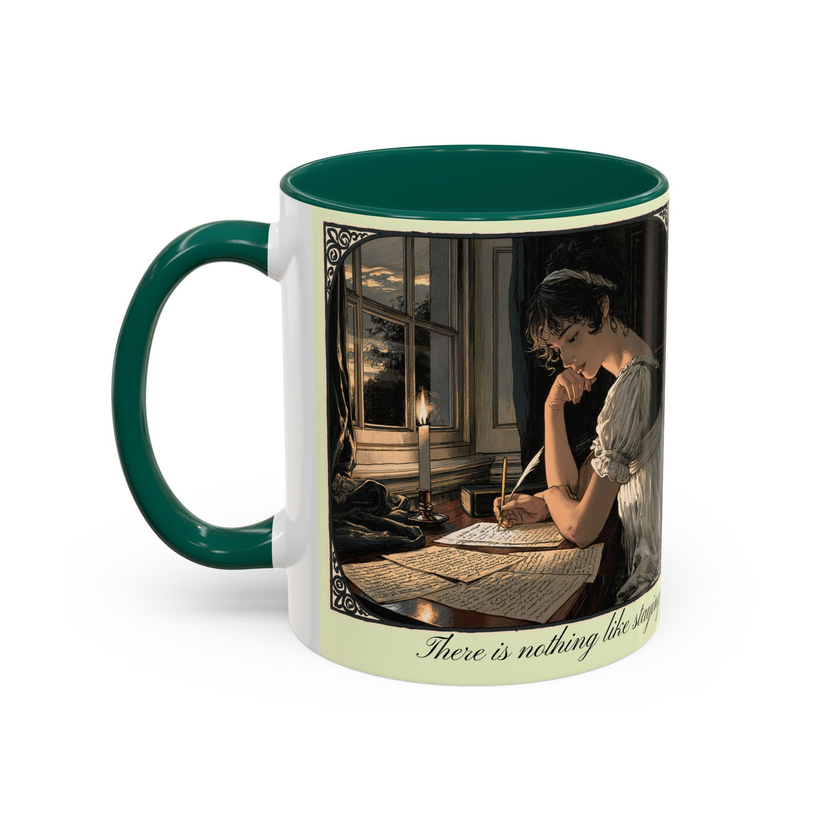 Regency Tea Quote Mug — 'Young Jane Austen Writing at Her Desk' Ceramic Coffee & Tea Cup (11oz/15oz)