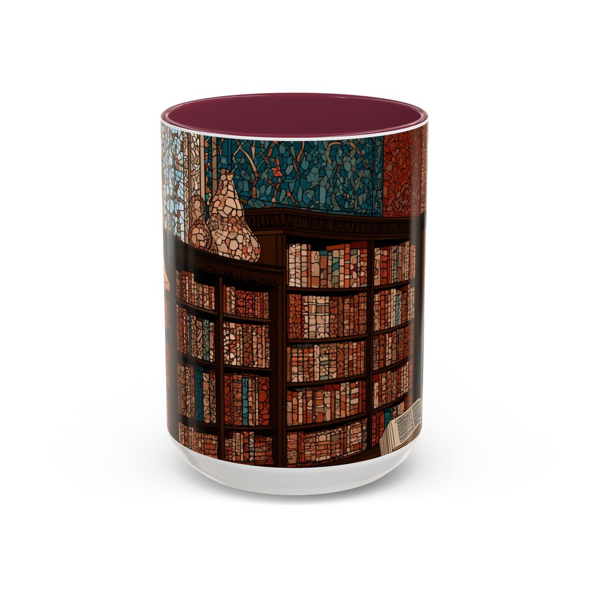 Cozy Library/Bookstore - Stained Glass Illustration Mug | Color Accent Ceramic Mug