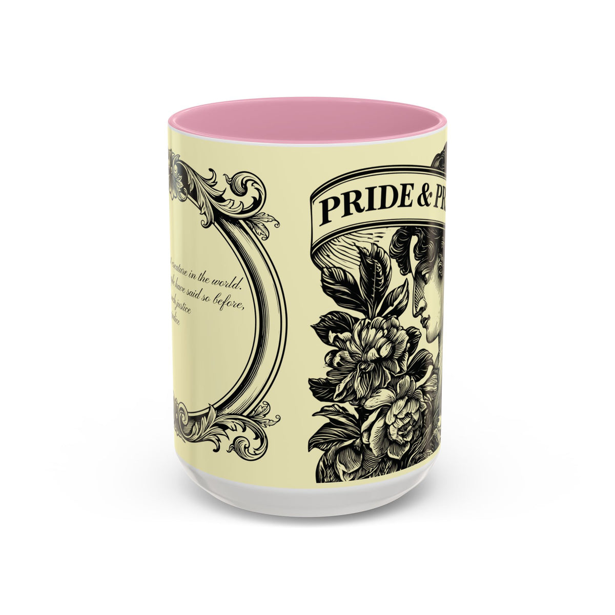 Pride & Prejudice Vintage Floral Mug — “Pride & Prejudice” Ceramic Book Lover Mug (11oz/15oz)