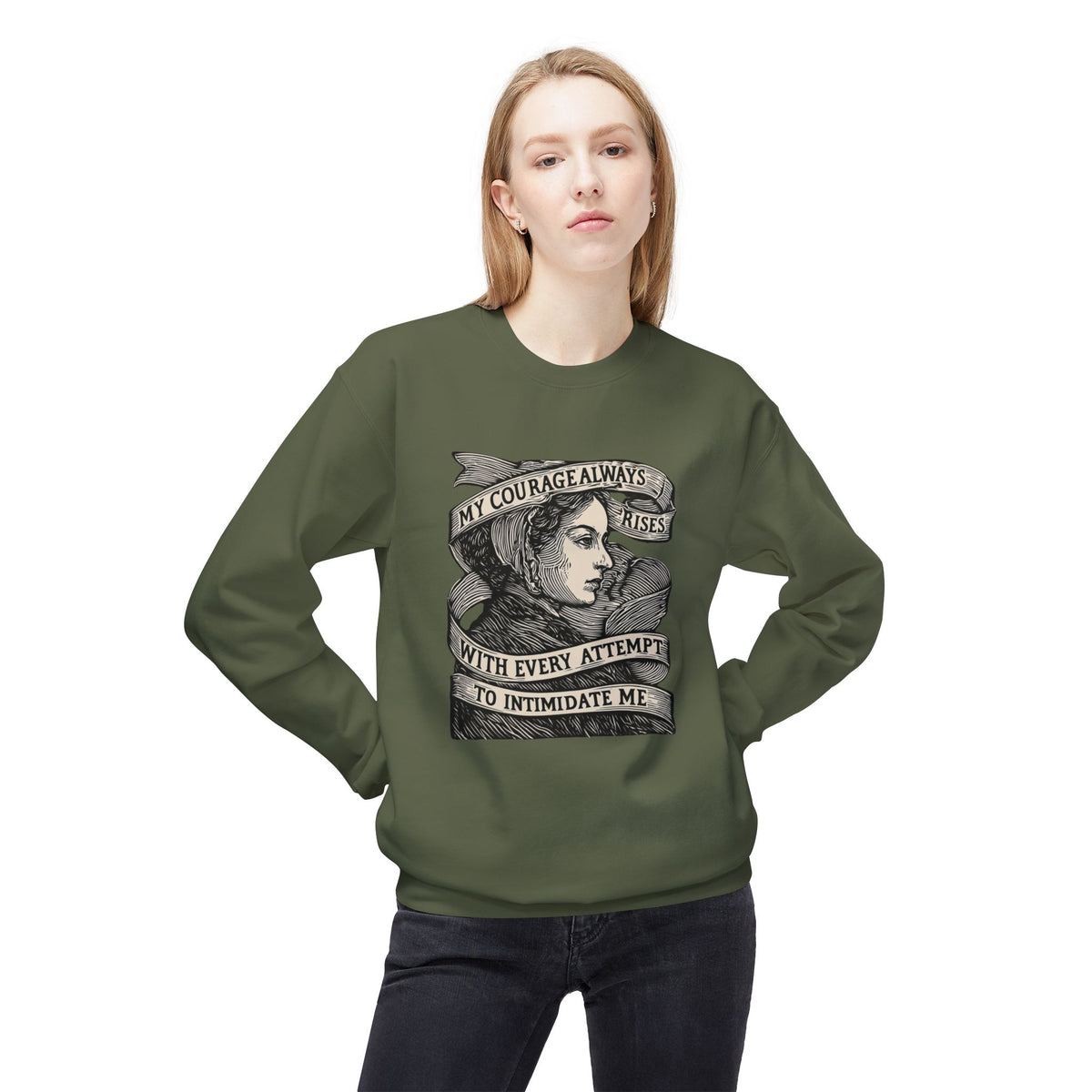 Courage Rises Crewneck Sweatshirt — Vintage Feminist Quote Graphic