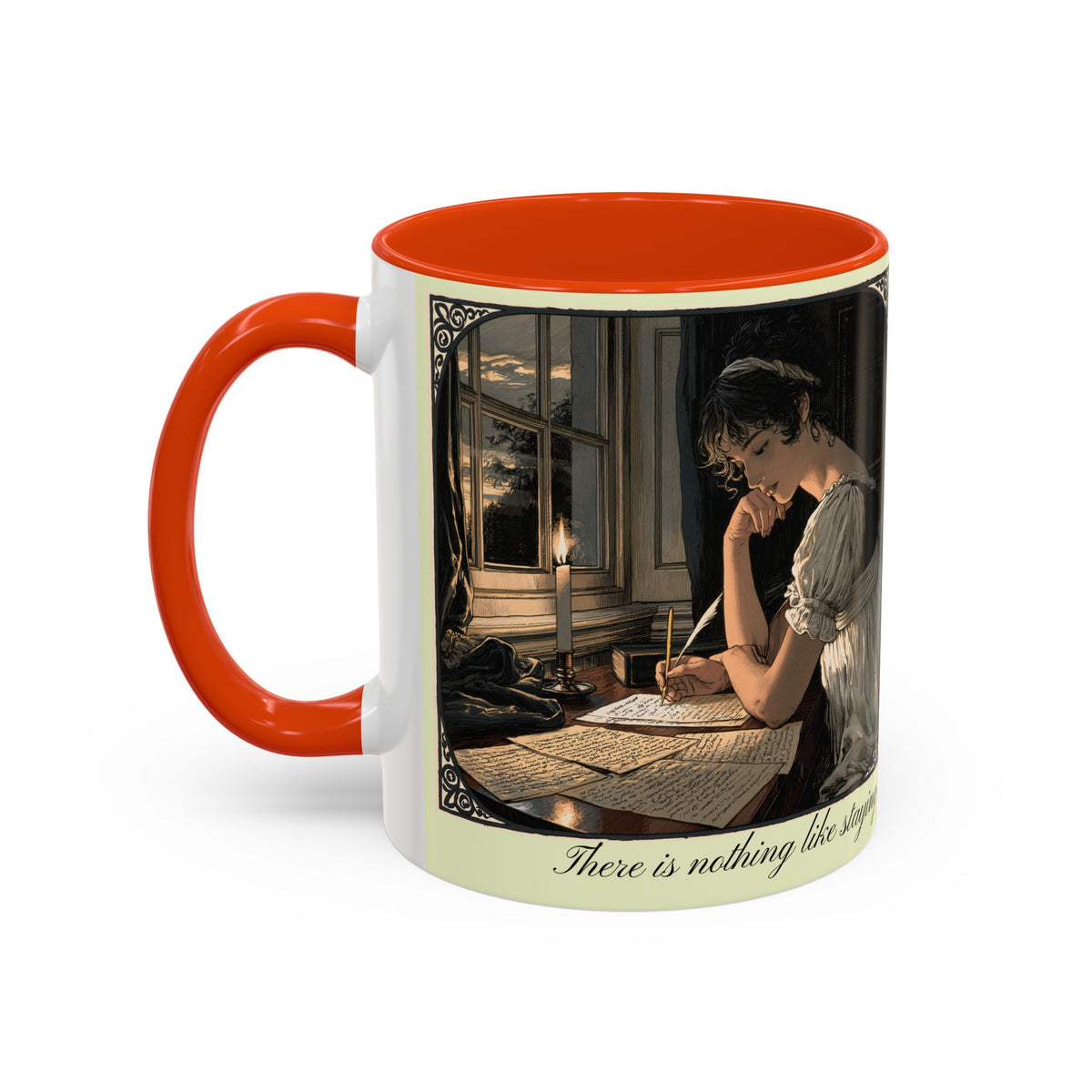 Regency Tea Quote Mug — 'Young Jane Austen Writing at Her Desk' Ceramic Coffee & Tea Cup (11oz/15oz)