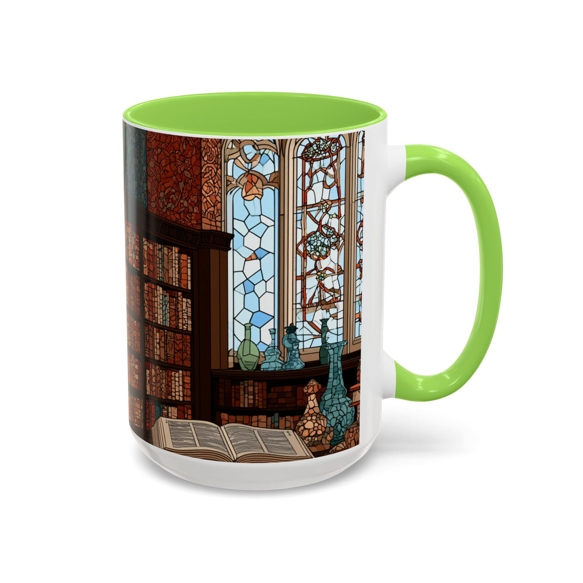 Cozy Library/Bookstore - Stained Glass Illustration Mug | Color Accent Ceramic Mug