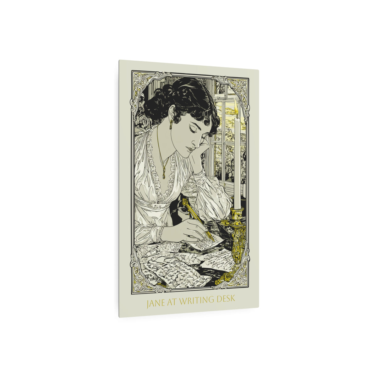 Metal Art Print — "Jane at Writing Desk" Vintage Art Nouveau Wall Plaque