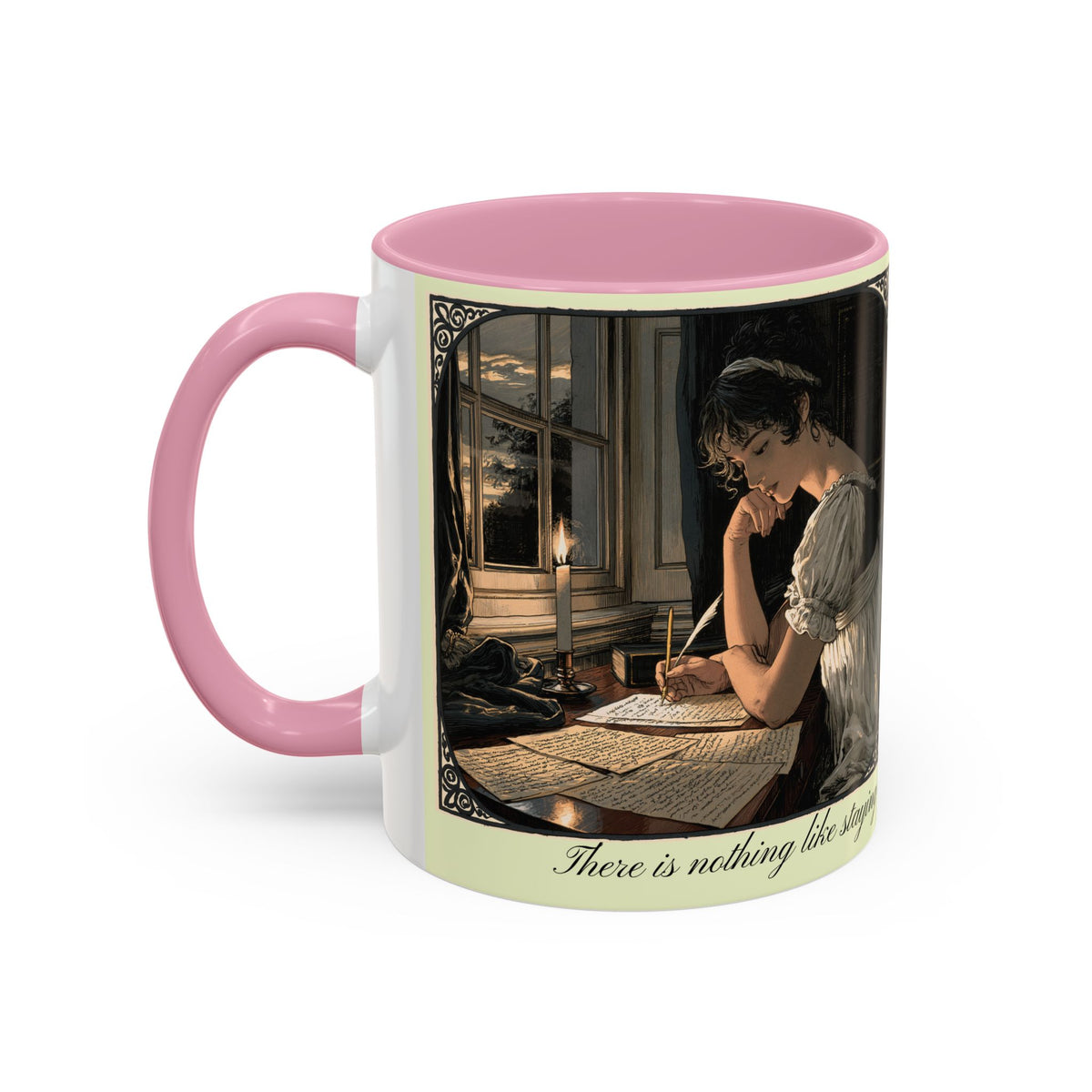 Regency Tea Quote Mug — 'Young Jane Austen Writing at Her Desk' Ceramic Coffee & Tea Cup (11oz/15oz)