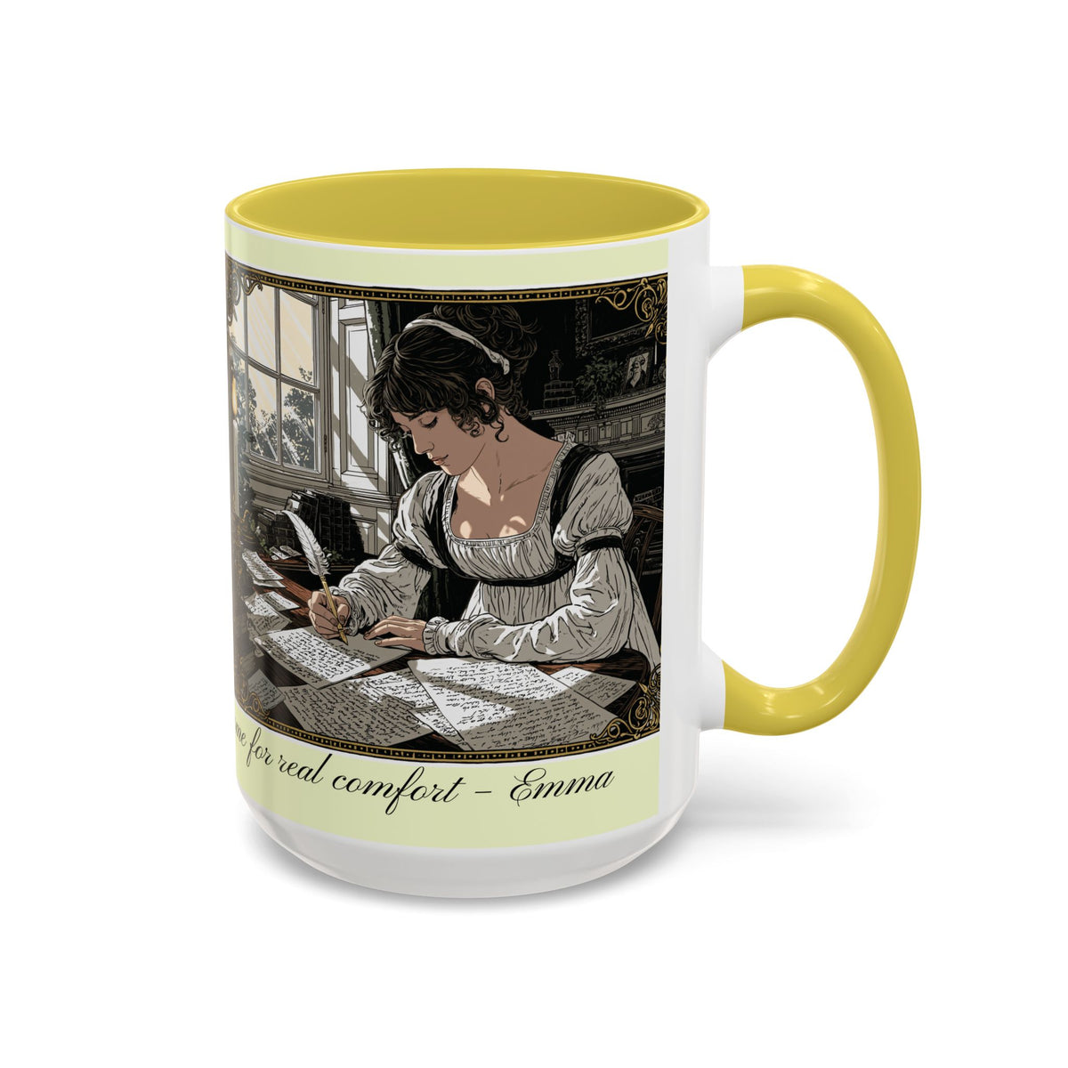 Regency Tea Quote Mug — 'Young Jane Austen Writing at Her Desk' Ceramic Coffee & Tea Cup (11oz/15oz)