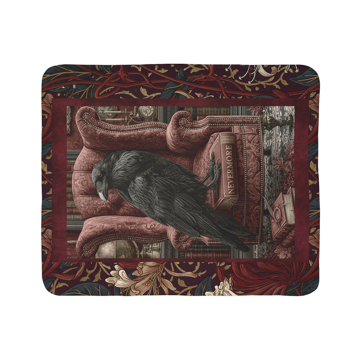 Raven on Armchair-Fleece Sherpa Blanket | Gothic Edgar Allan Poe Inspired