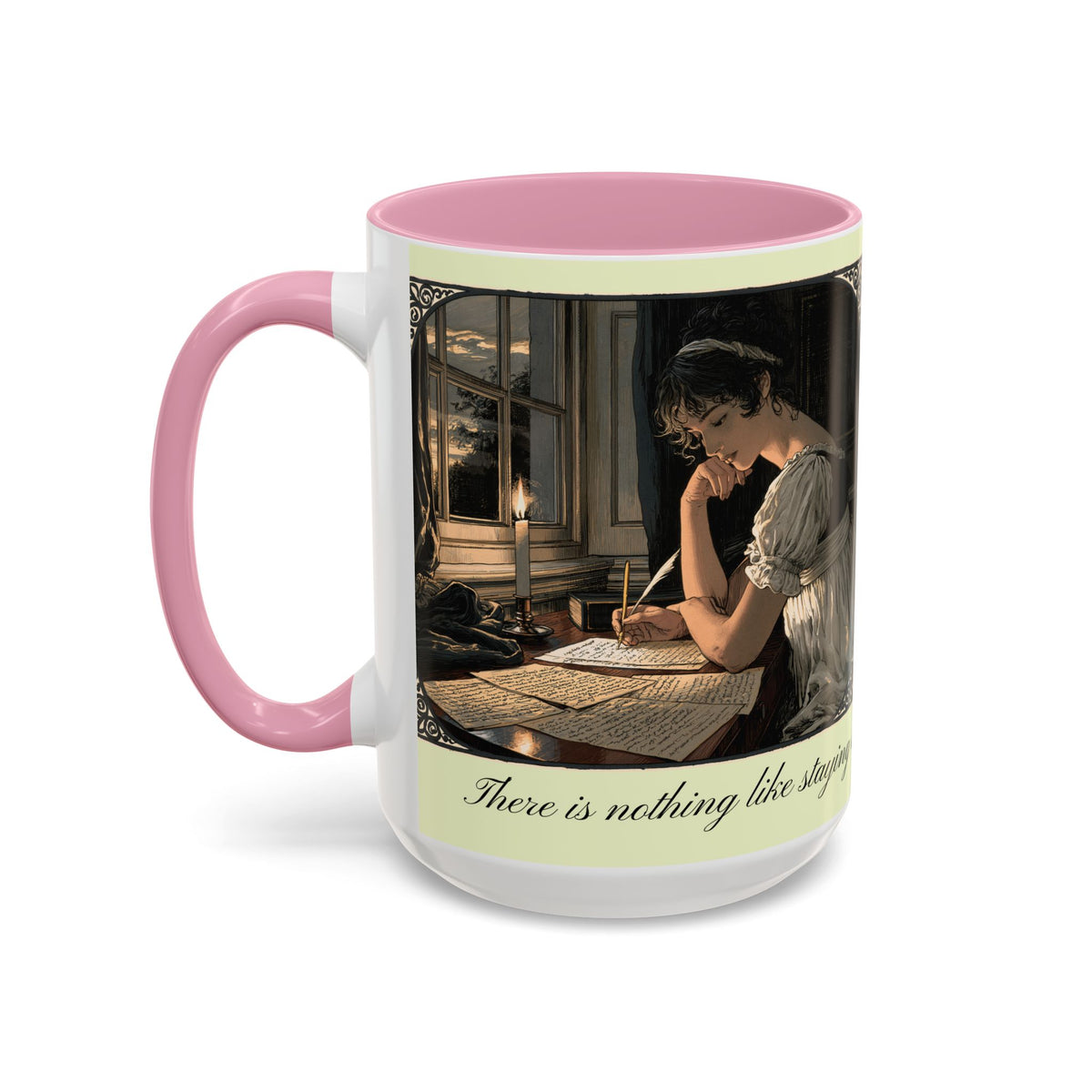 Regency Tea Quote Mug — 'Young Jane Austen Writing at Her Desk' Ceramic Coffee & Tea Cup (11oz/15oz)