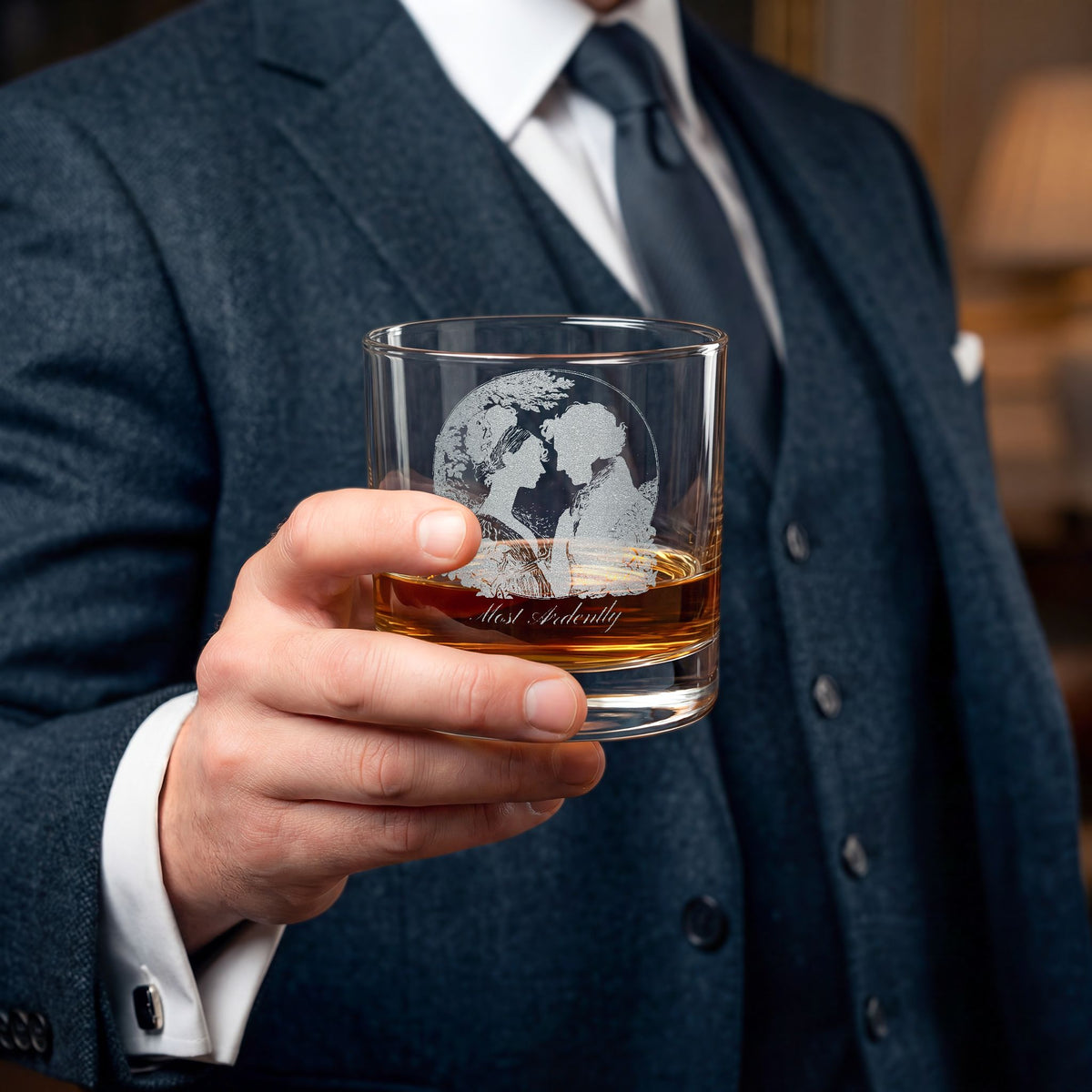 Engraved Whiskey Glass — "Most Ardently" Pride & Prejudice Couple Silhouette (10.5 oz)