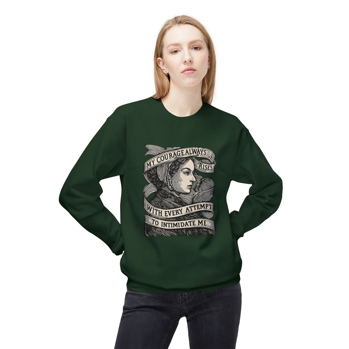 Courage Rises Crewneck Sweatshirt — Vintage Feminist Quote Graphic