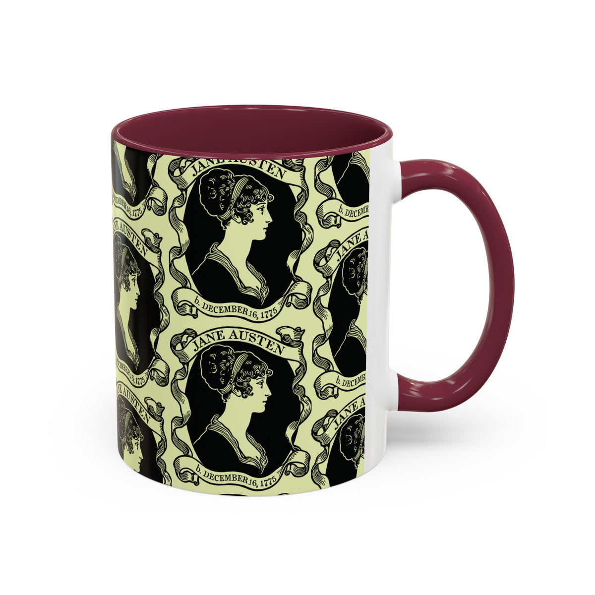 Jane Austen Cameo Pattern Coffee Mug — Literary Tea & Coffee Cup (11oz/15oz)