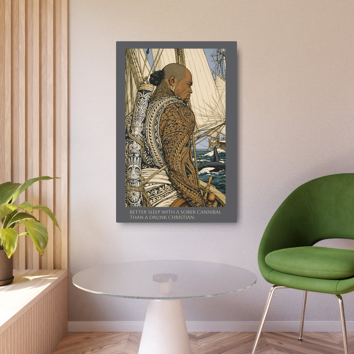 Nautical Tattooed Sailor — Helmsman's Watch Metal Art Sign — "Better Sleep with a Sober Cannibal" Wall Decor