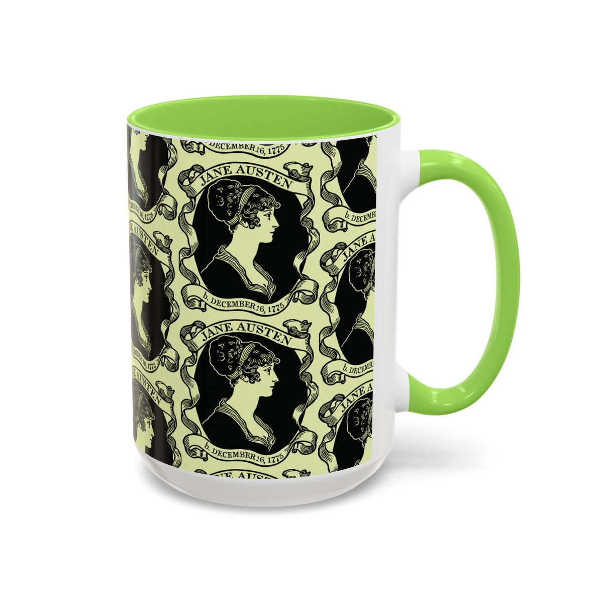 Jane Austen Cameo Pattern Coffee Mug — Literary Tea & Coffee Cup (11oz/15oz)