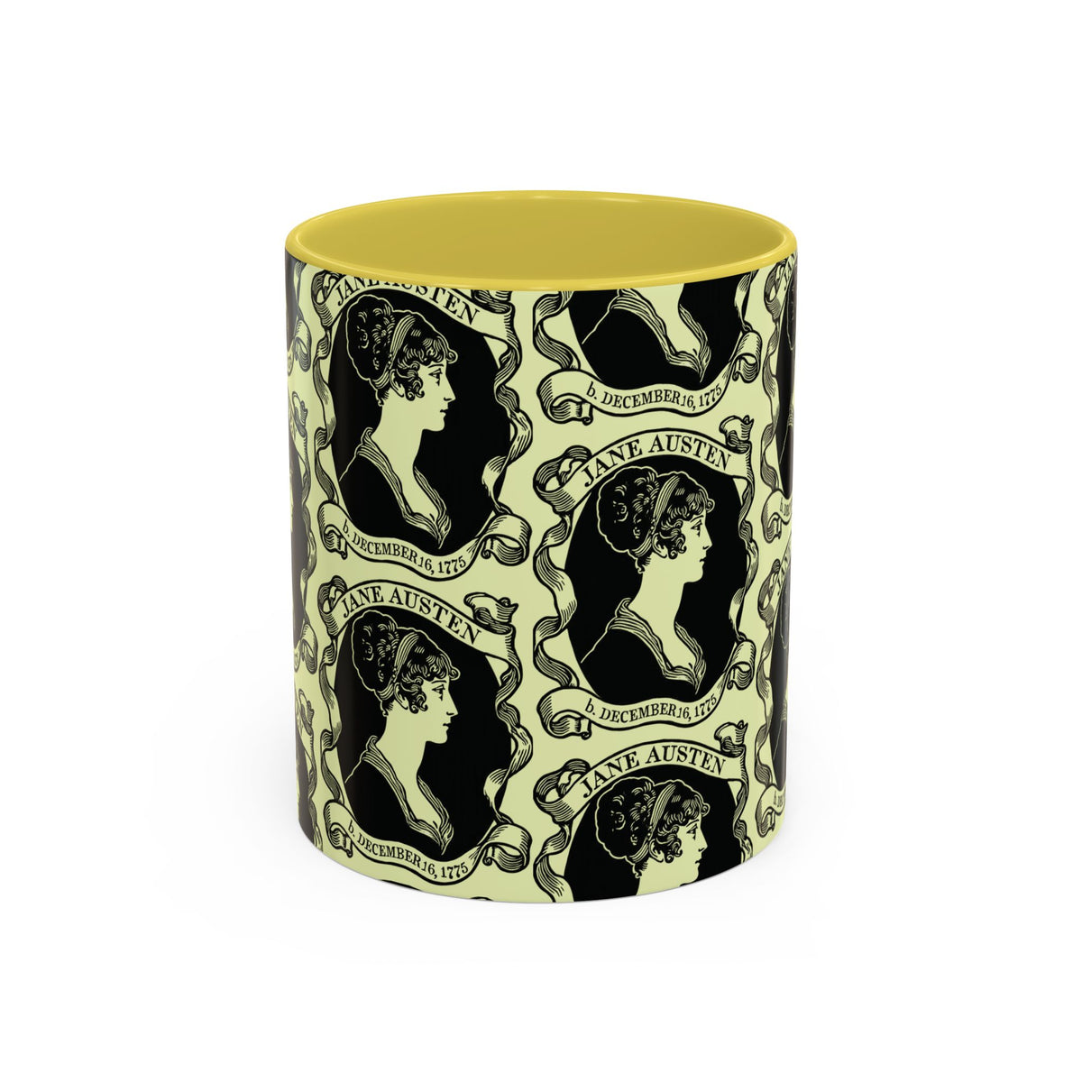 Jane Austen Cameo Pattern Coffee Mug — Literary Tea & Coffee Cup (11oz/15oz)