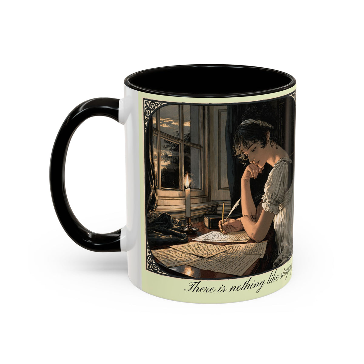 Regency Tea Quote Mug — 'Young Jane Austen Writing at Her Desk' Ceramic Coffee & Tea Cup (11oz/15oz)