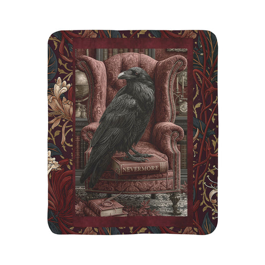 Raven on Armchair-Fleece Sherpa Blanket | Gothic Edgar Allan Poe Inspired