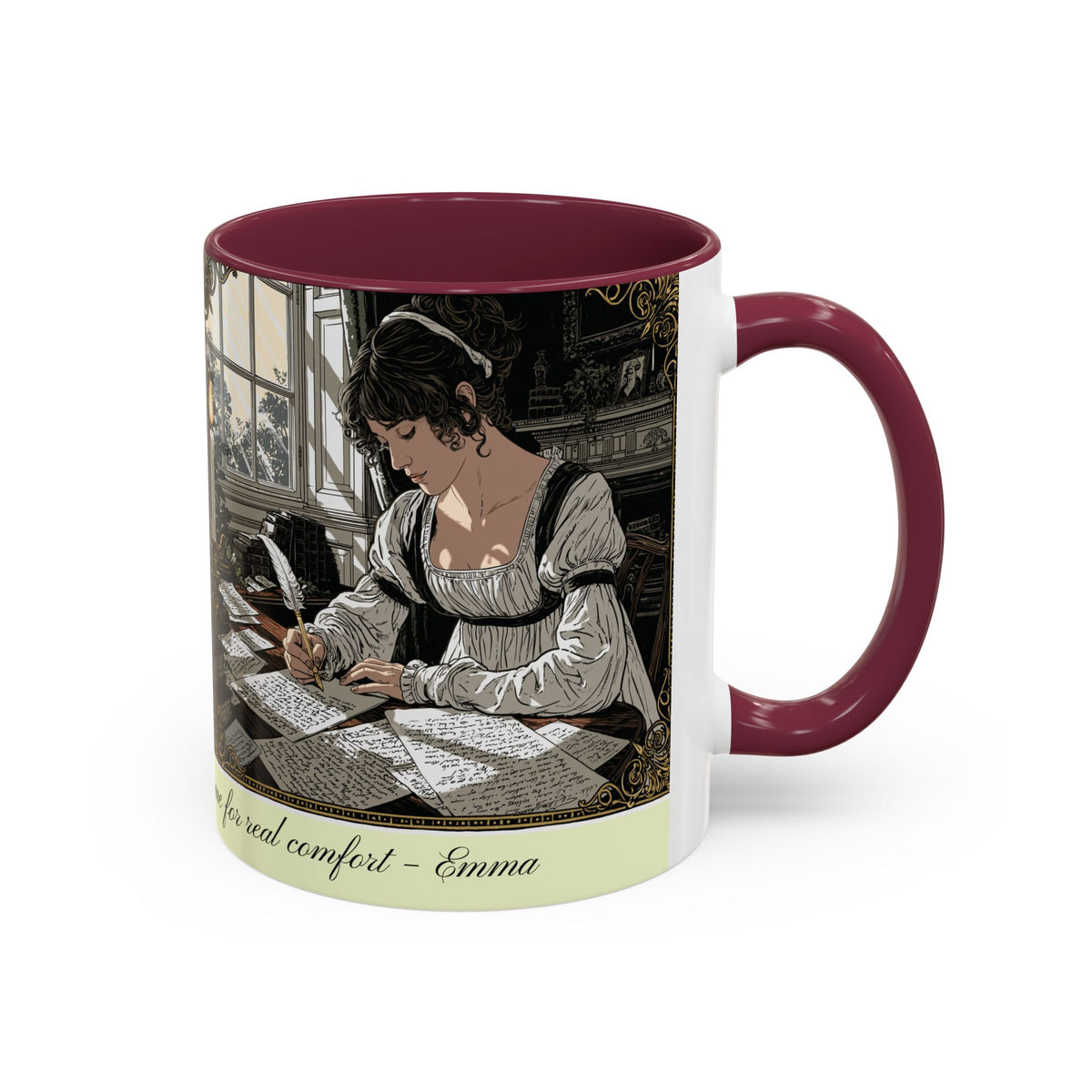 Regency Tea Quote Mug — 'Young Jane Austen Writing at Her Desk' Ceramic Coffee & Tea Cup (11oz/15oz)