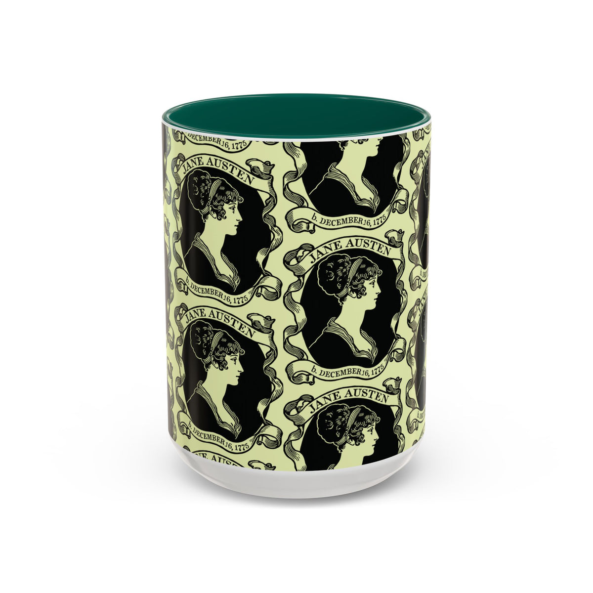 Jane Austen Cameo Pattern Coffee Mug — Literary Tea & Coffee Cup (11oz/15oz)