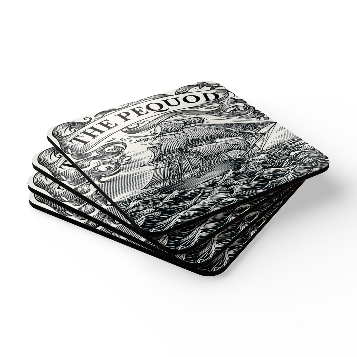 The Pequod Cork Coaster Set – Nautical Ship Illustration Drink Coasters (4-Pack)
