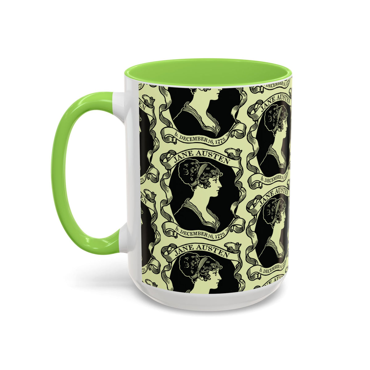 Jane Austen Cameo Pattern Coffee Mug — Literary Tea & Coffee Cup (11oz/15oz)