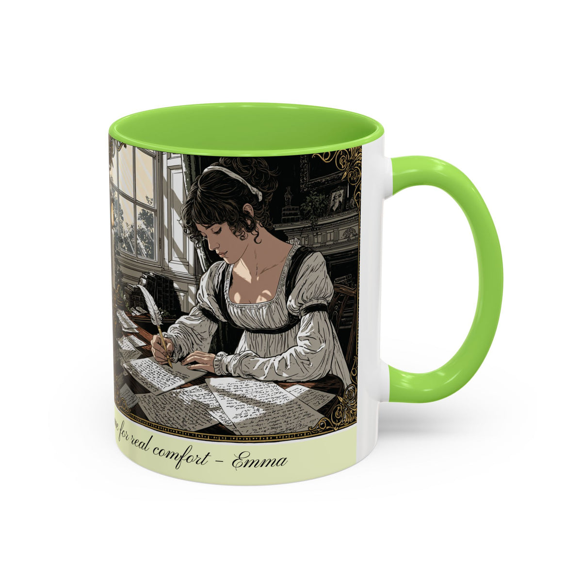 Regency Tea Quote Mug — 'Young Jane Austen Writing at Her Desk' Ceramic Coffee & Tea Cup (11oz/15oz)