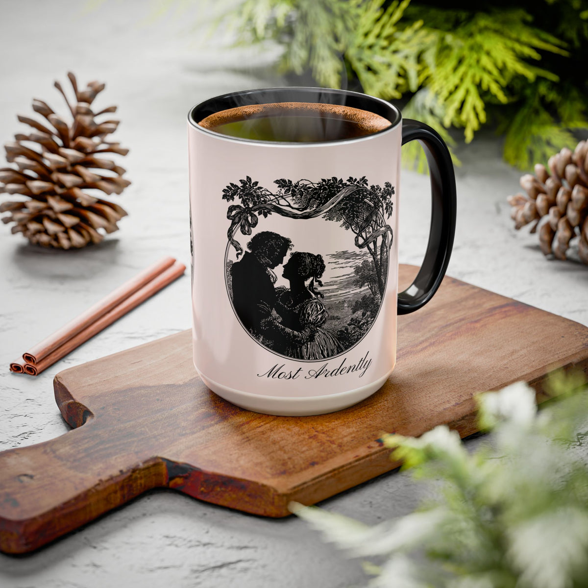 Romantic Vintage Silhouette Mug — "Most Ardently" Tea Coffee Cup (11oz/15oz)