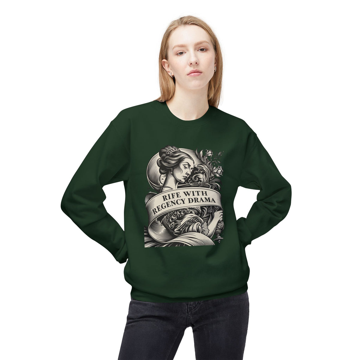 Jane Austen Reader - Crewneck Sweatshirt — "Rife With Regency Drama" Vintage Floral Graphic