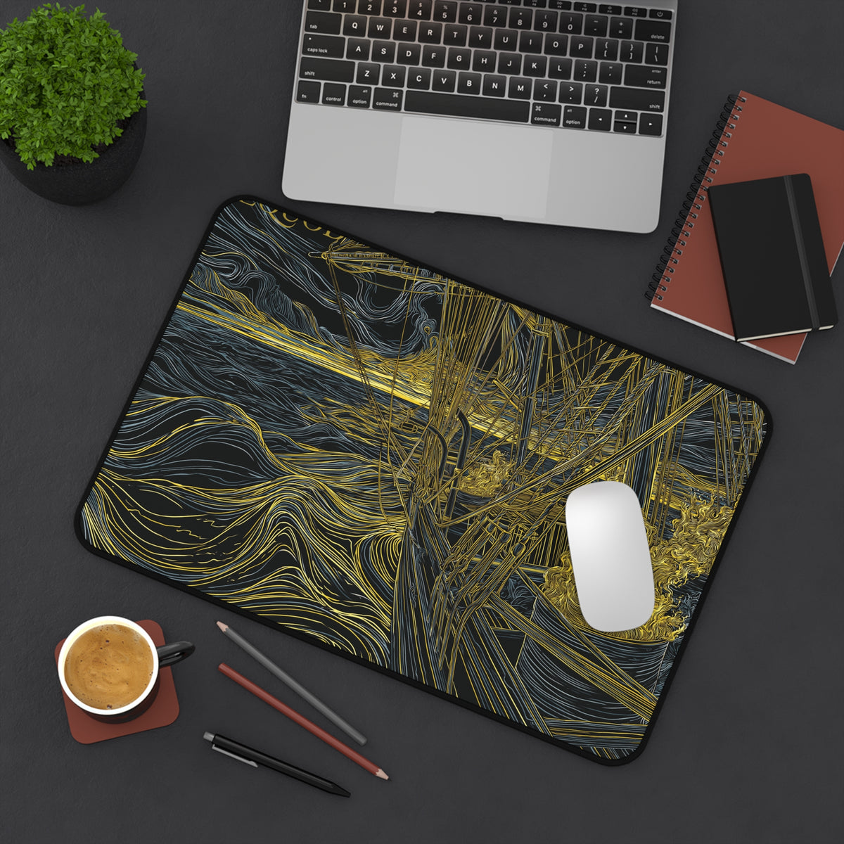 PEQUOD Illustration Desk Mat | Melville Inspired Nautical Wave Art