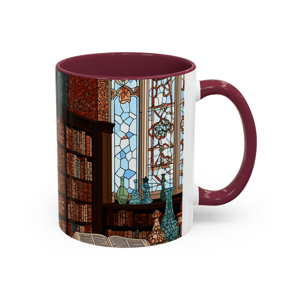 Cozy Library/Bookstore - Stained Glass Illustration Mug | Color Accent Ceramic Mug