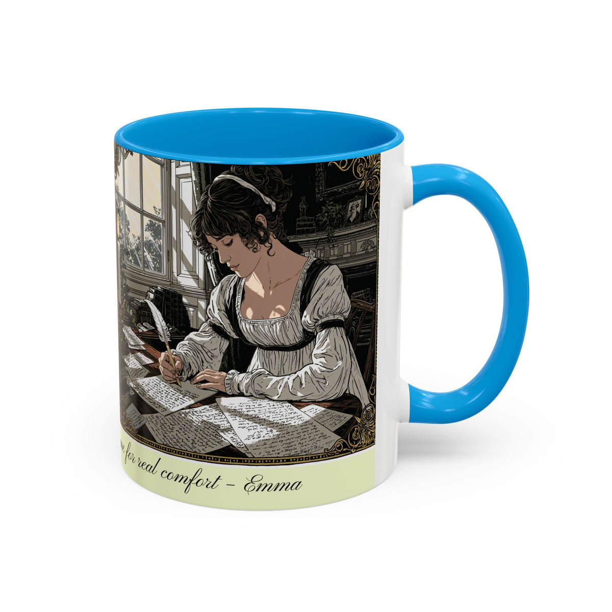 Regency Tea Quote Mug — 'Young Jane Austen Writing at Her Desk' Ceramic Coffee & Tea Cup (11oz/15oz)