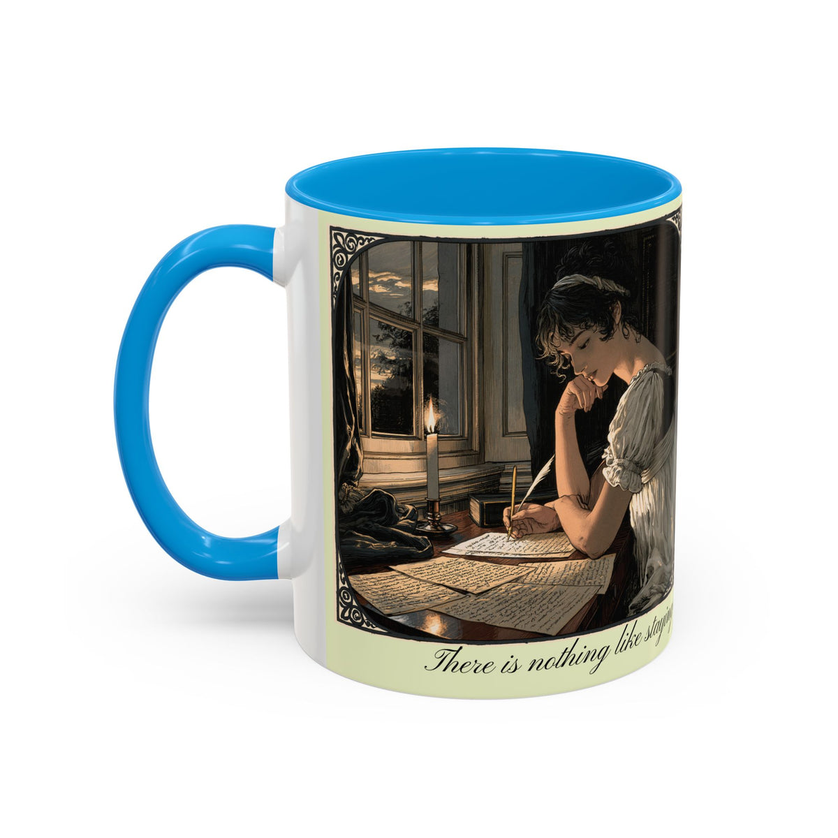 Regency Tea Quote Mug — 'Young Jane Austen Writing at Her Desk' Ceramic Coffee & Tea Cup (11oz/15oz)