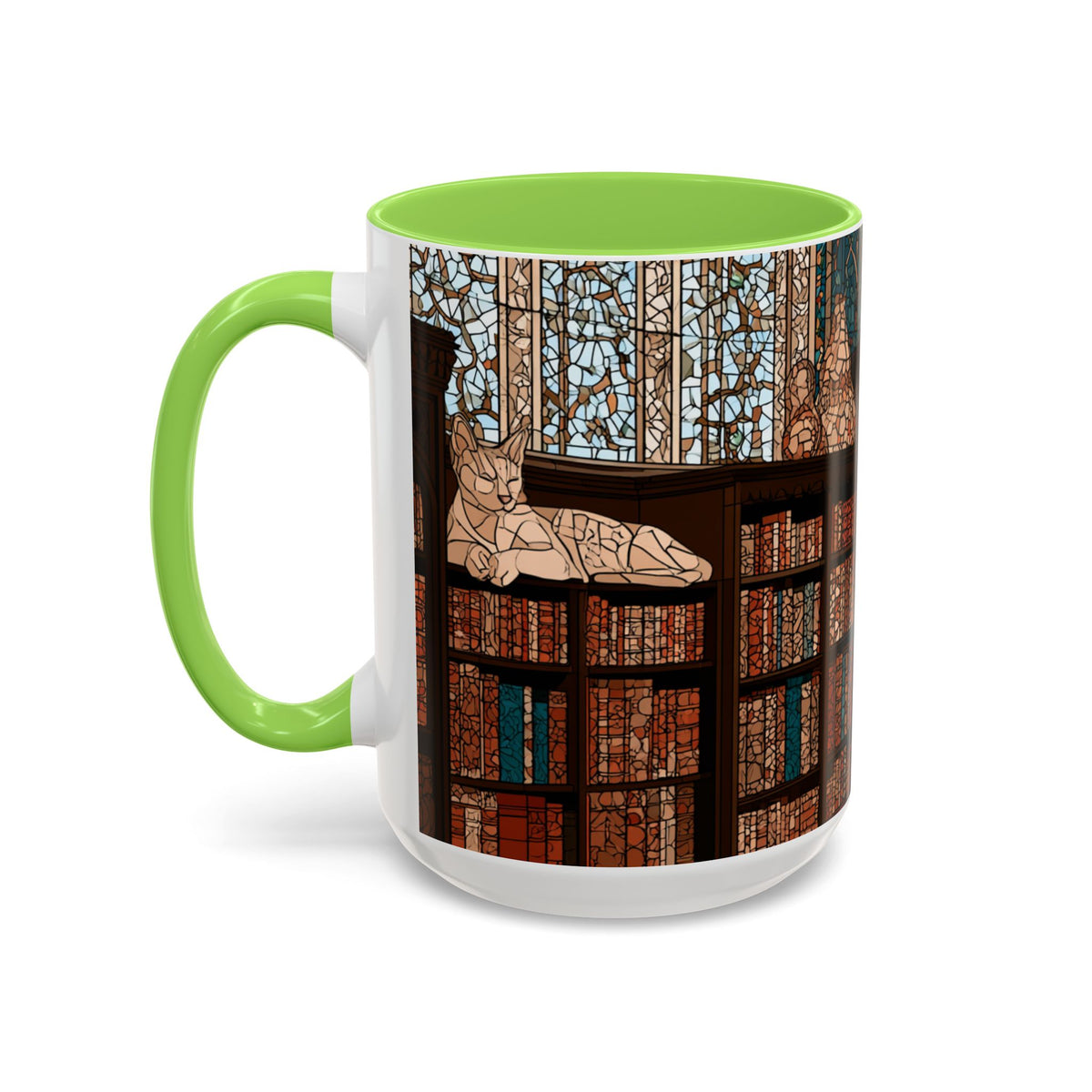 Cozy Library/Bookstore - Stained Glass Illustration Mug | Color Accent Ceramic Mug