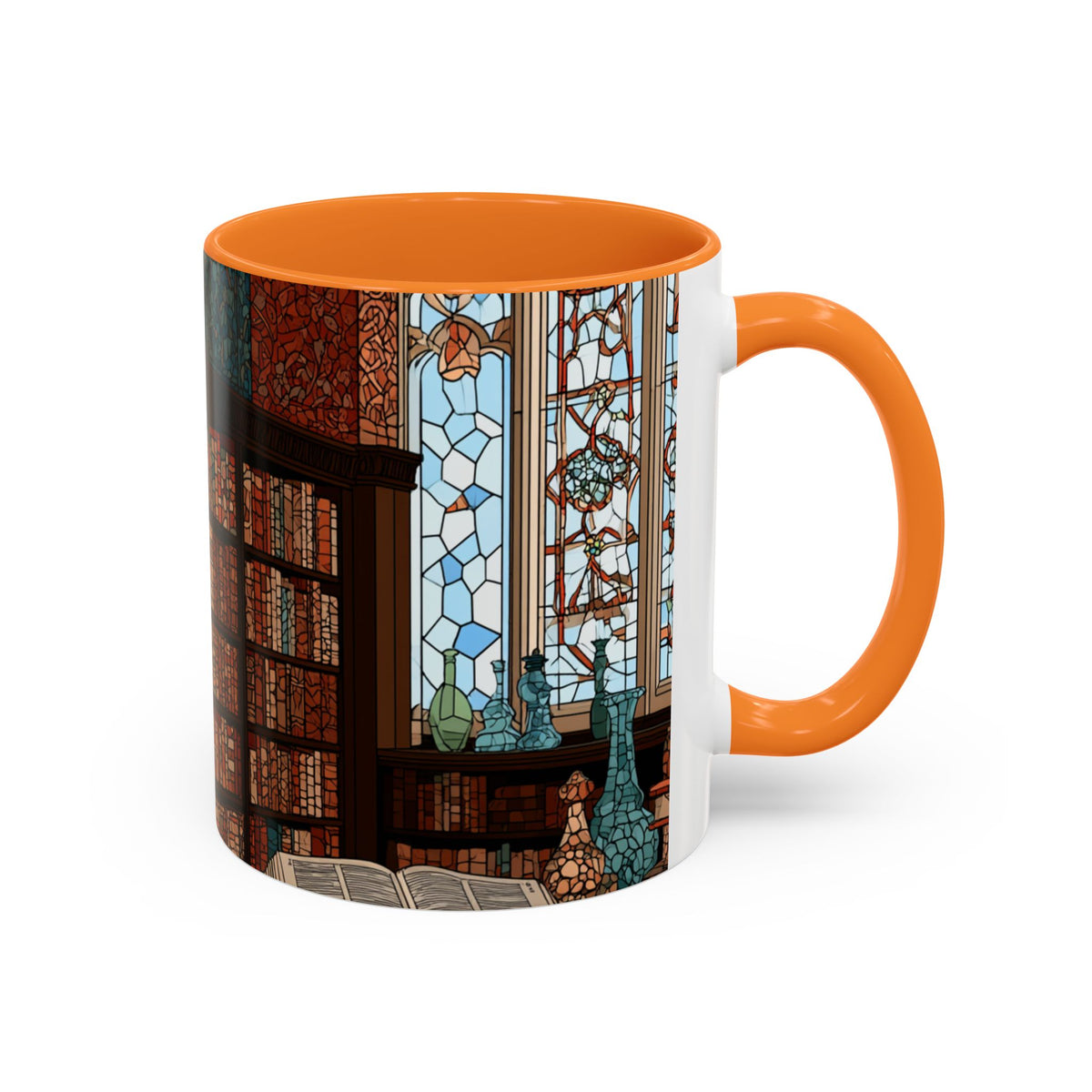 Cozy Library/Bookstore - Stained Glass Illustration Mug | Color Accent Ceramic Mug