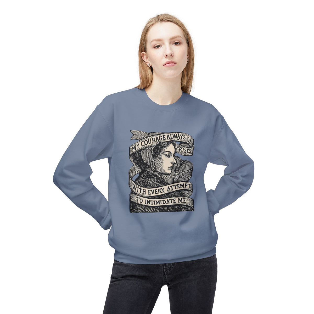 Courage Rises Crewneck Sweatshirt — Vintage Feminist Quote Graphic