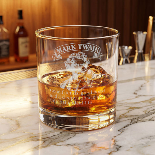 Mark Twain Engraved Whiskey Glass — "Good Friends, Good Books..." 10.5 oz Rocks Glass