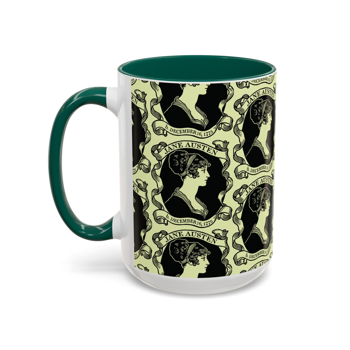 Jane Austen Cameo Pattern Coffee Mug — Literary Tea & Coffee Cup (11oz/15oz)