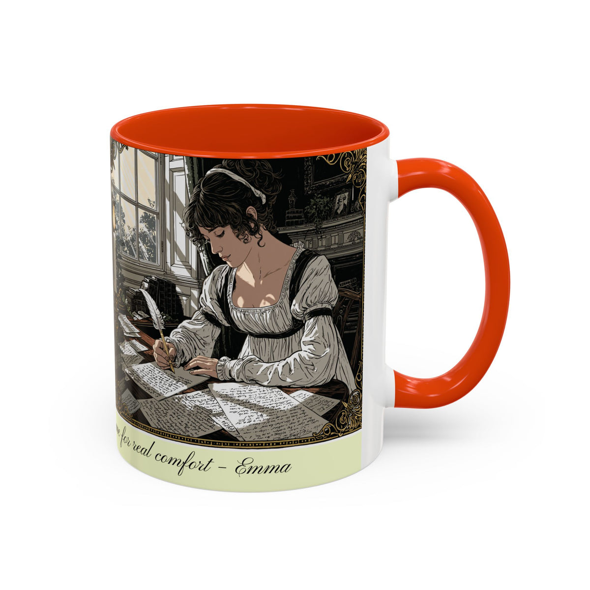 Regency Tea Quote Mug — 'Young Jane Austen Writing at Her Desk' Ceramic Coffee & Tea Cup (11oz/15oz)