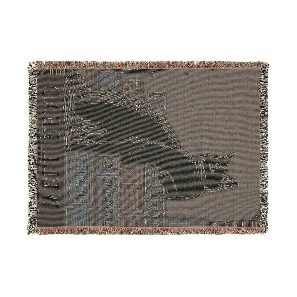 White Cat Library Motif Woven Blanket | Well Read Bookish Throw