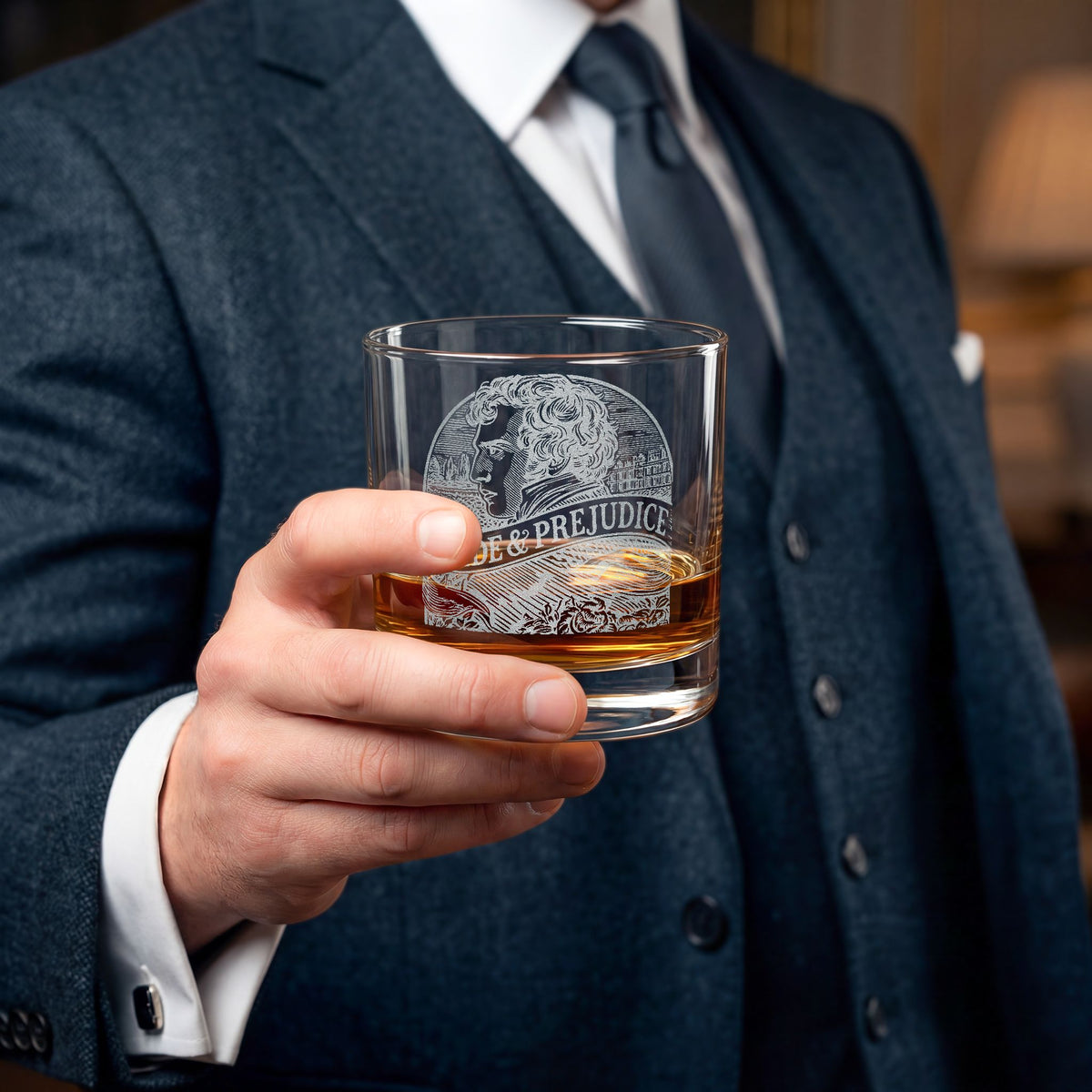 Pride & Prejudice - Fitzwilliam - Whiskey Glass – 10.5 oz Classic Engraved Rocks Tumbler