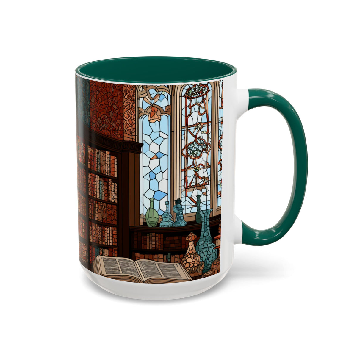 Cozy Library/Bookstore - Stained Glass Illustration Mug | Color Accent Ceramic Mug