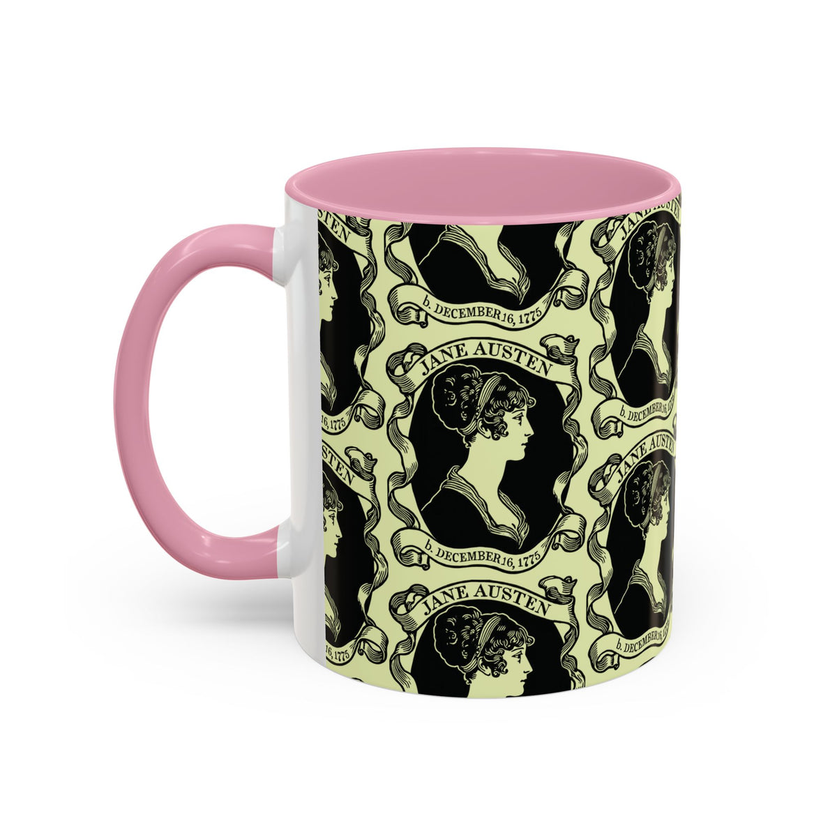 Jane Austen Cameo Pattern Coffee Mug — Literary Tea & Coffee Cup (11oz/15oz)