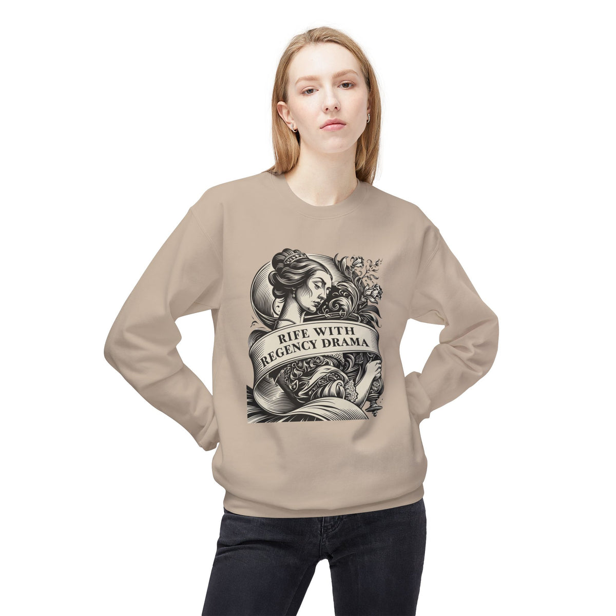Jane Austen Reader - Crewneck Sweatshirt — "Rife With Regency Drama" Vintage Floral Graphic