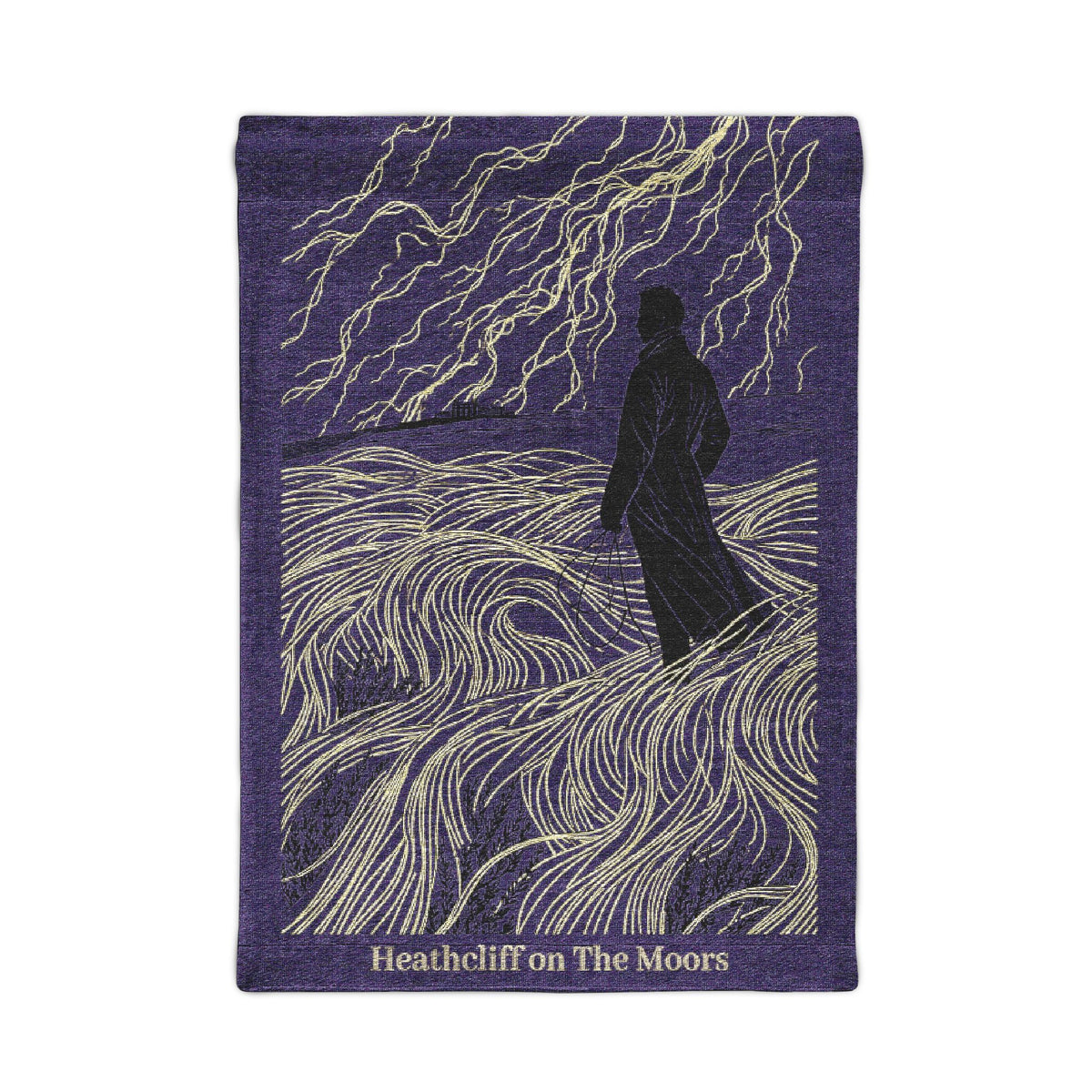 Starry Night Wanderer Woven Tapestry — Heathcliff on the Moors (Celestial Forest Silhouette)