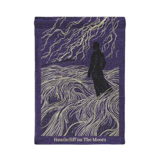 Starry Night Wanderer Woven Tapestry — Heathcliff on the Moors (Celestial Forest Silhouette)
