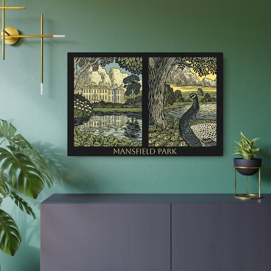 "Mansfield Park" Vintage Park Scene -  Metal Art print with Peacock Decorative Plaque