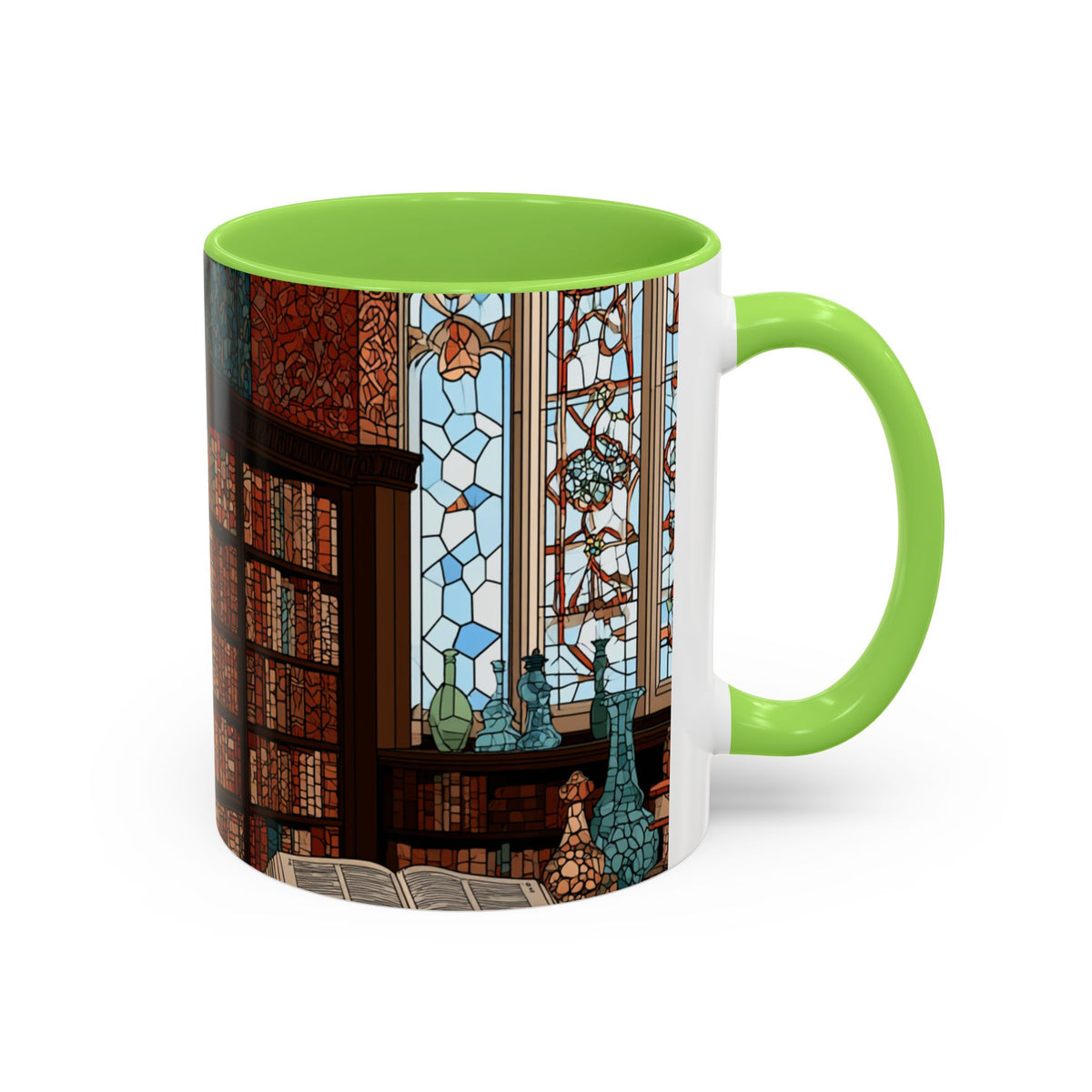 Cozy Library/Bookstore - Stained Glass Illustration Mug | Color Accent Ceramic Mug