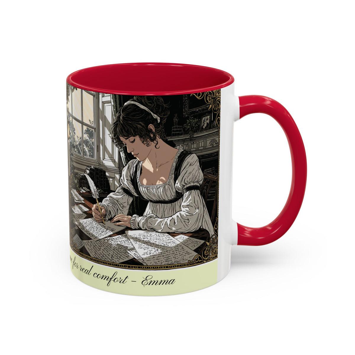 Regency Tea Quote Mug — 'Young Jane Austen Writing at Her Desk' Ceramic Coffee & Tea Cup (11oz/15oz)