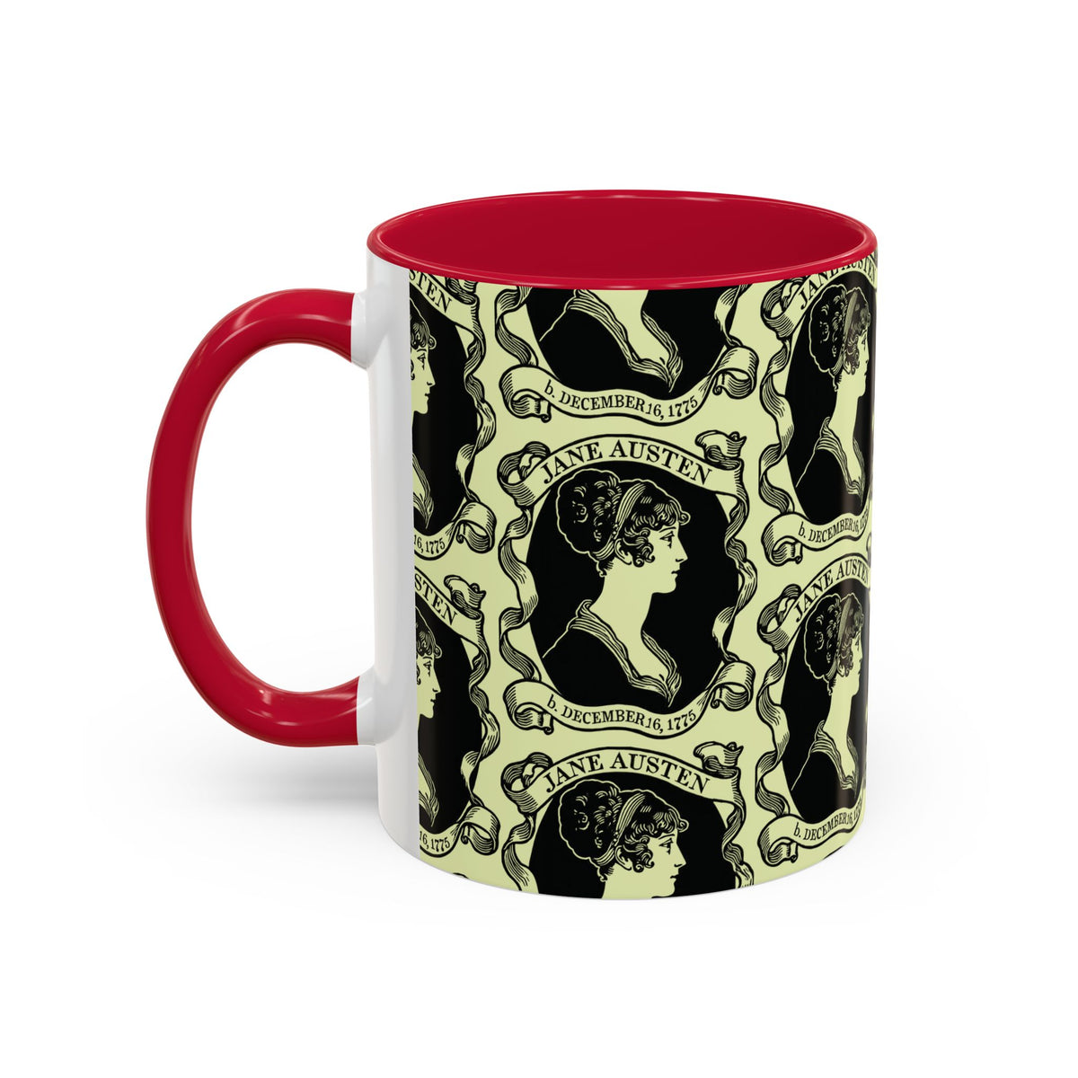 Jane Austen Cameo Pattern Coffee Mug — Literary Tea & Coffee Cup (11oz/15oz)