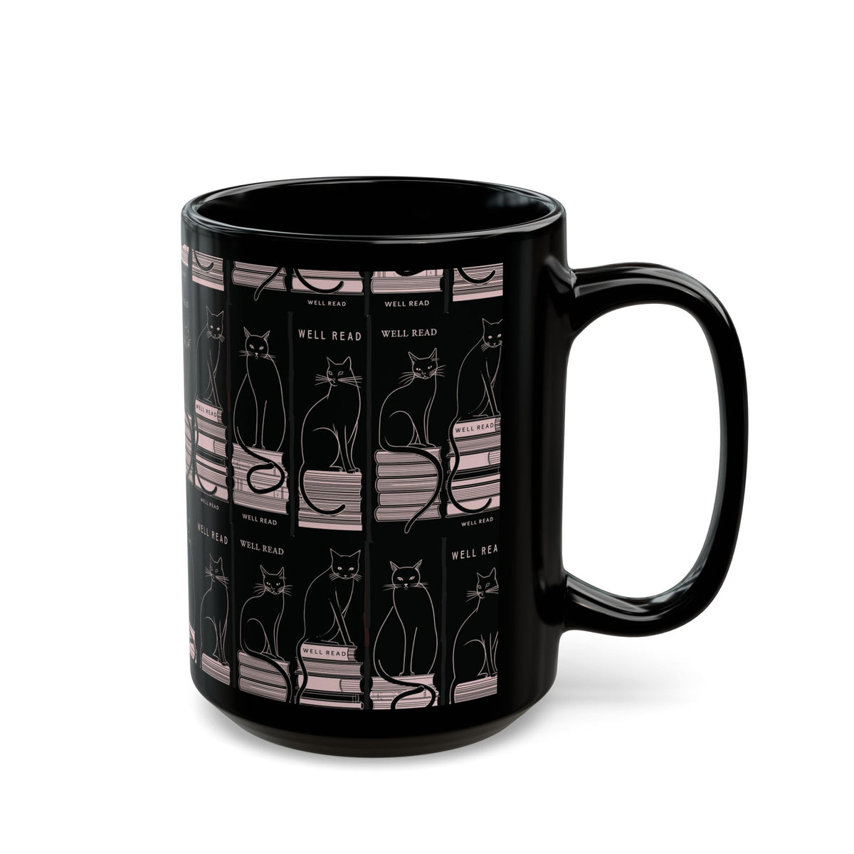 Bookish Black Cat Mug | Reading Cats Pattern on Black Ceramic Mug